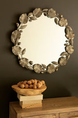 Round Rustic Framed Mirror With Leaf Detail