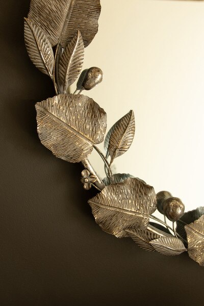 Round Rustic Framed Mirror With Leaf Detail