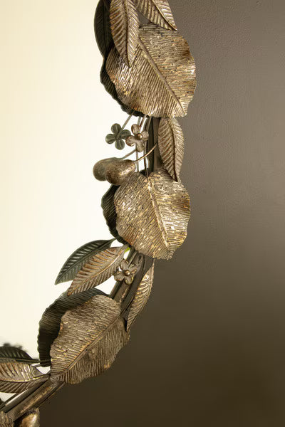 Round Rustic Framed Mirror With Leaf Detail