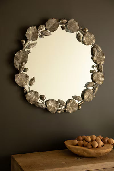 Round Rustic Framed Mirror With Leaf Detail