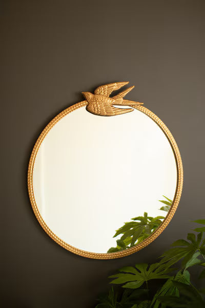 Antique Gold Metal Framed Mirror With Bird